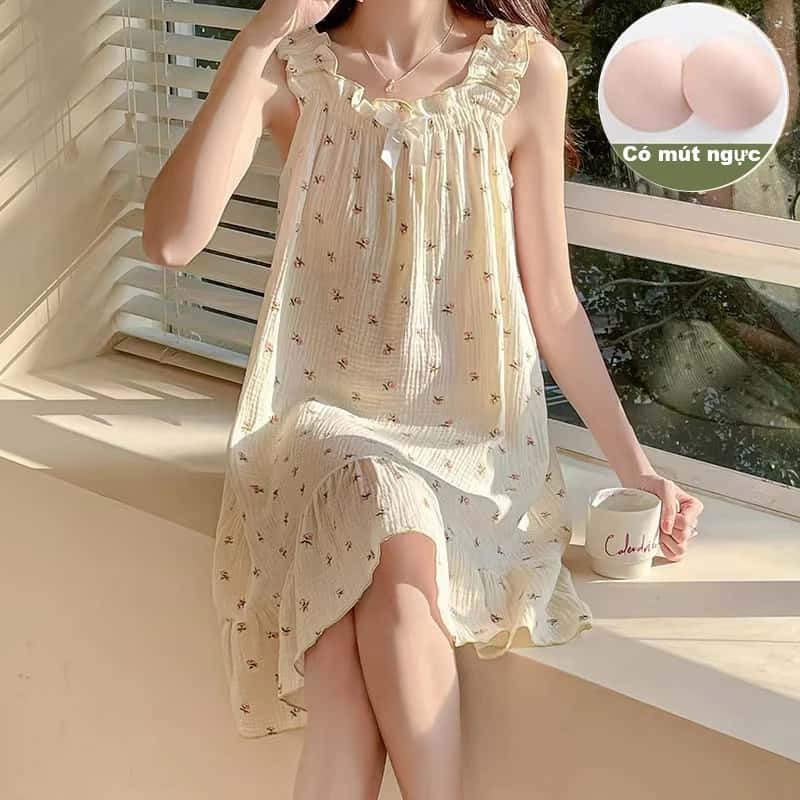 Váy ngủ cotton đũi xốp êm nhẹ và thoáng mát dễ thương có mút ngực êm ái ảnh 3