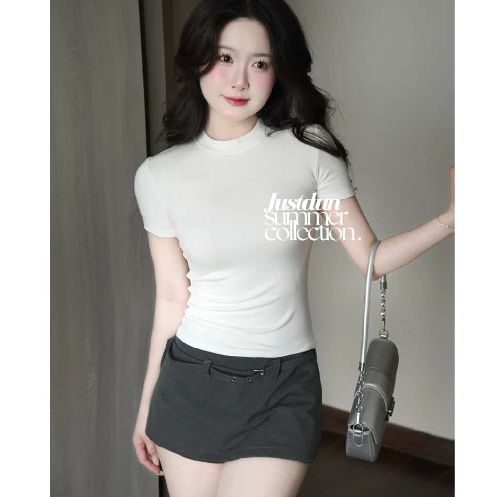 Áo Thun Nữ Ôm Body JUSTDUN B18 Cổ Tròn Tay Ngắn, Cotton Mịn Co Giãn 4 Chiều, Mềm Mại Thoáng Khí ảnh 4