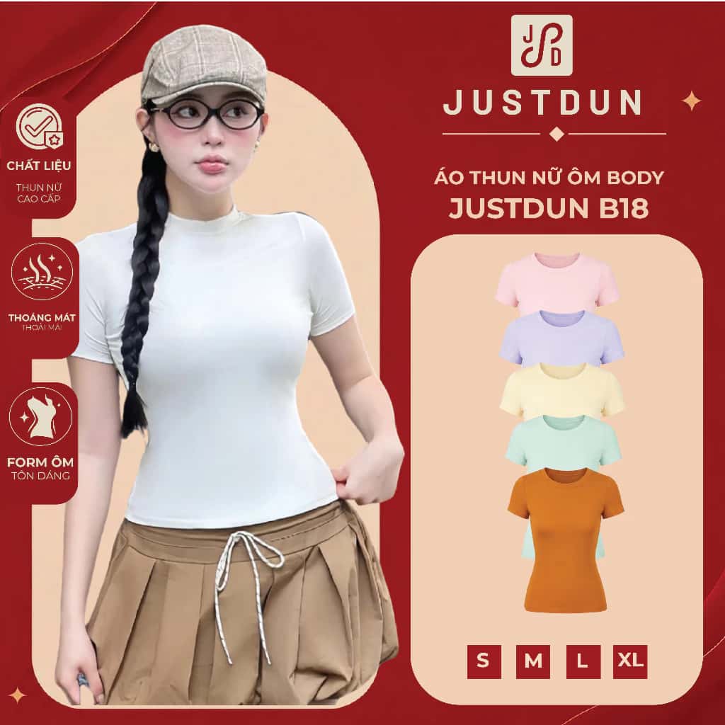 Áo Thun Nữ Ôm Body JUSTDUN B18 Cổ Tròn Tay Ngắn, Cotton Mịn Co Giãn 4 Chiều, Mềm Mại Thoáng Khí ảnh 2