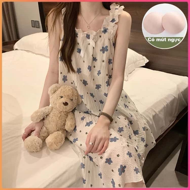 Váy ngủ cotton đũi xốp êm nhẹ và thoáng mát dễ thương có mút ngực êm ái ảnh 2