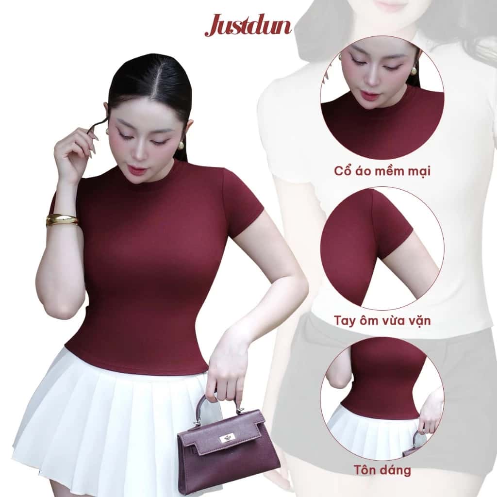 Áo Thun Nữ Ôm Body JUSTDUN B18 Cổ Tròn Tay Ngắn, Cotton Mịn Co Giãn 4 Chiều, Mềm Mại Thoáng Khí ảnh 3