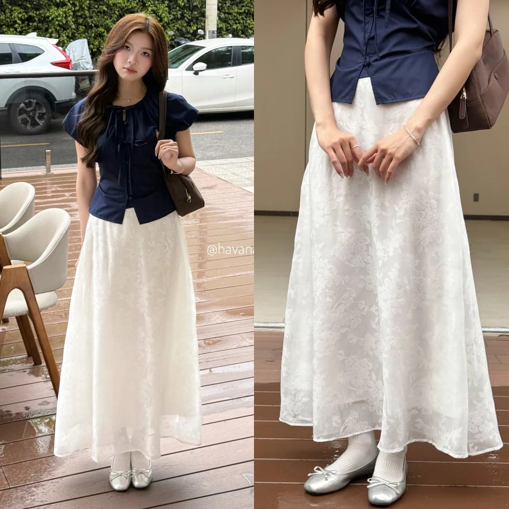 (HAVANA) {CHẤT MỎNG HÈ } Chân váy midi dáng dài TAMMY chất ren cạp chun sau có lớp lót trong CV450 — thời trang couple Việt Nam