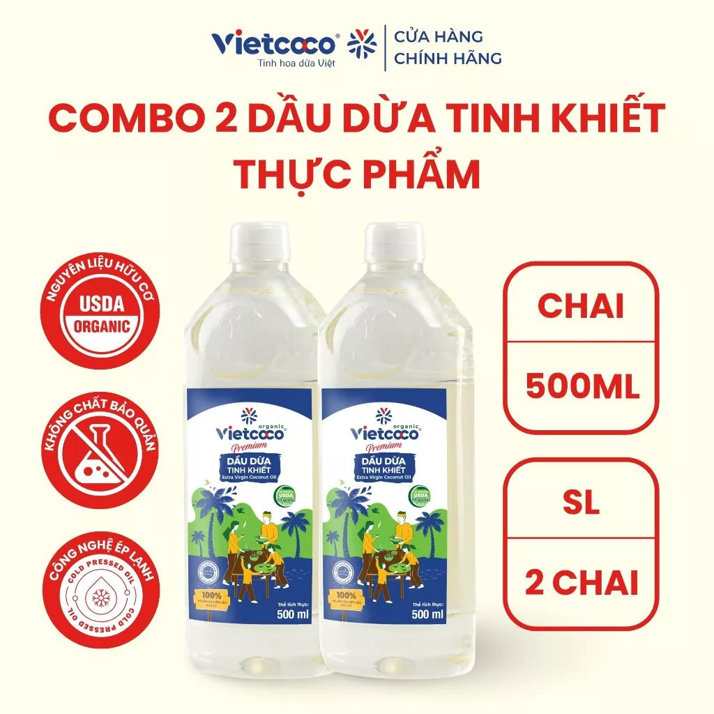 [COMBO 2 CHAI] Dầu dừa tinh khiết Organic Vietcoco (thực phẩm ) chai 500ml ảnh 2