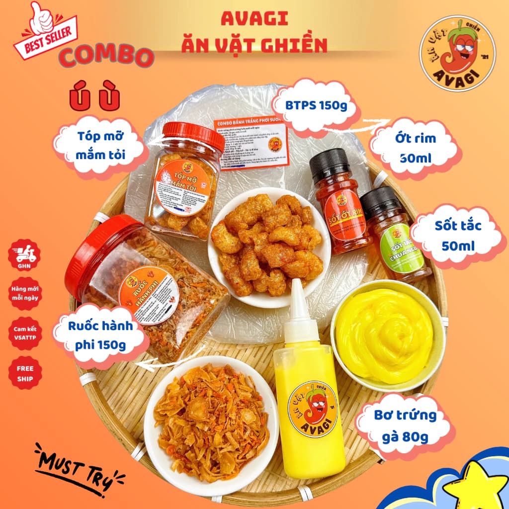 Bánh tráng Phơi Sương COMBO Ú Ù AVAGI (Bánh tráng, Tóp mỡ, túi Bơ, Ruốc hành phi, sốt tắc, ớt rim) ảnh 2