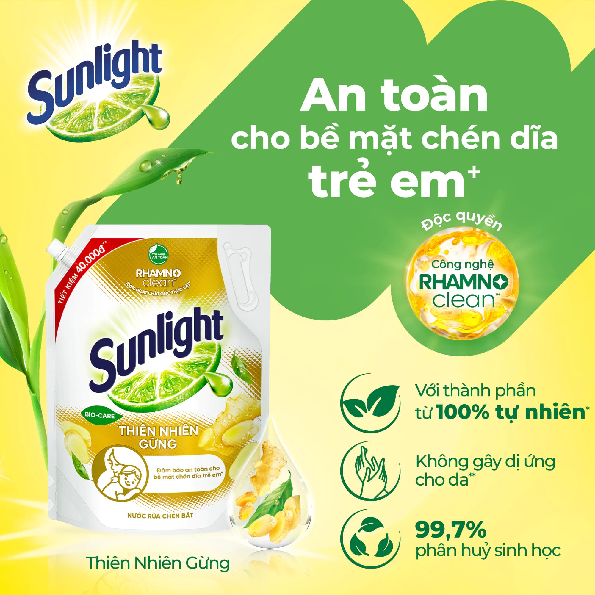 Nước rửa chén Sunlight Bio-care với thành phần từ 100% tự nhiên Túi 3.3kg ảnh 3