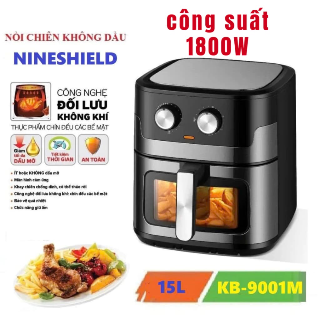 NỒI CHIÊN KHÔNG DẦU NHẬT BẢN CAO CẤP NINESHIELD 8L 10L 12,5L 15L CÓ KÍNH + GIÓ ĐỐI LƯU BH 12 THÁNG ảnh 2