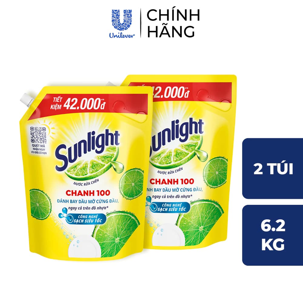 COMBO 2 Nước Rửa Chén Bát Sunlight Chanh 100 | Sạch Dầu Mỡ Đồ Nhựa | Túi 4x3.1Kg ảnh 3