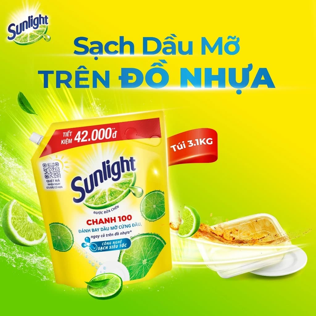 COMBO 2 Nước Rửa Chén Bát Sunlight Chanh 100 | Sạch Dầu Mỡ Đồ Nhựa | Túi 4x3.1Kg ảnh 4